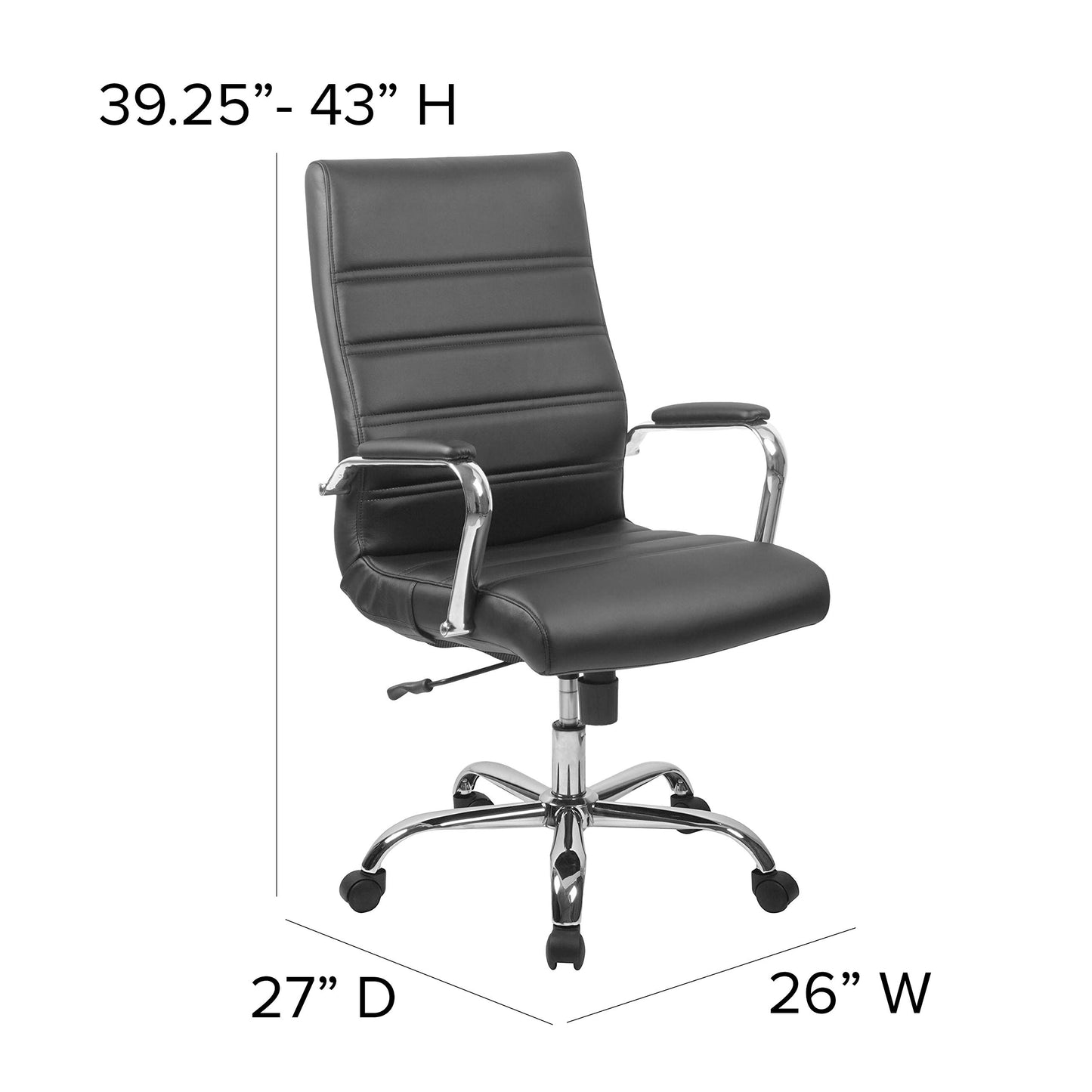 Flash Furniture Whitney High-Back Swivel LeatherSoft Desk Chair with Padded Seat and Armrests, Adjustable Height Padded Office Chair, Black/Chrome