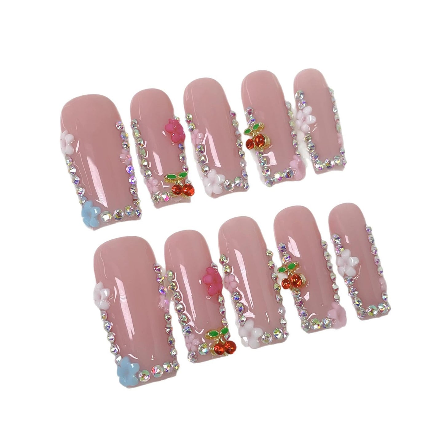 Qicaijia 10Pcs (Size M) Long Square Handmade Press On Nails - Pink Glossy Acrylic Fake Nails with 3D Cherry Rhinestones for Women’s Manicure