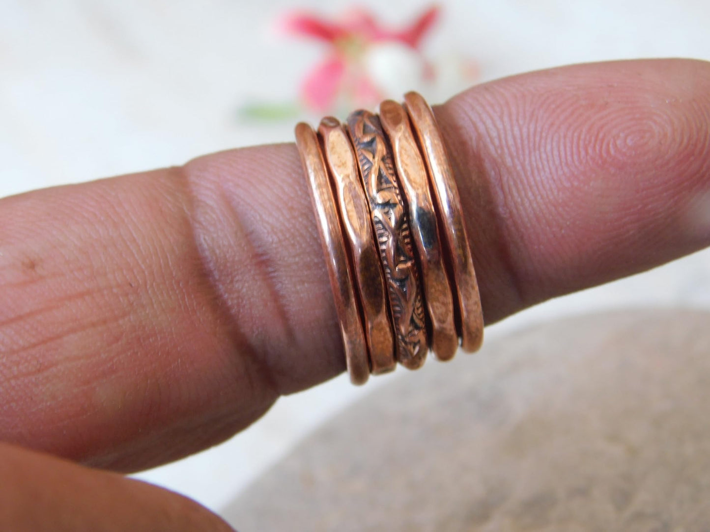 Set of 5 Hand Pure Copper Rings. Made with 100% Pure Raw Untreated Copper. Helps Reduce Finger Joint Pain and Swelling. Tibetan Healing Medicine Ring Set. (US-7.5)