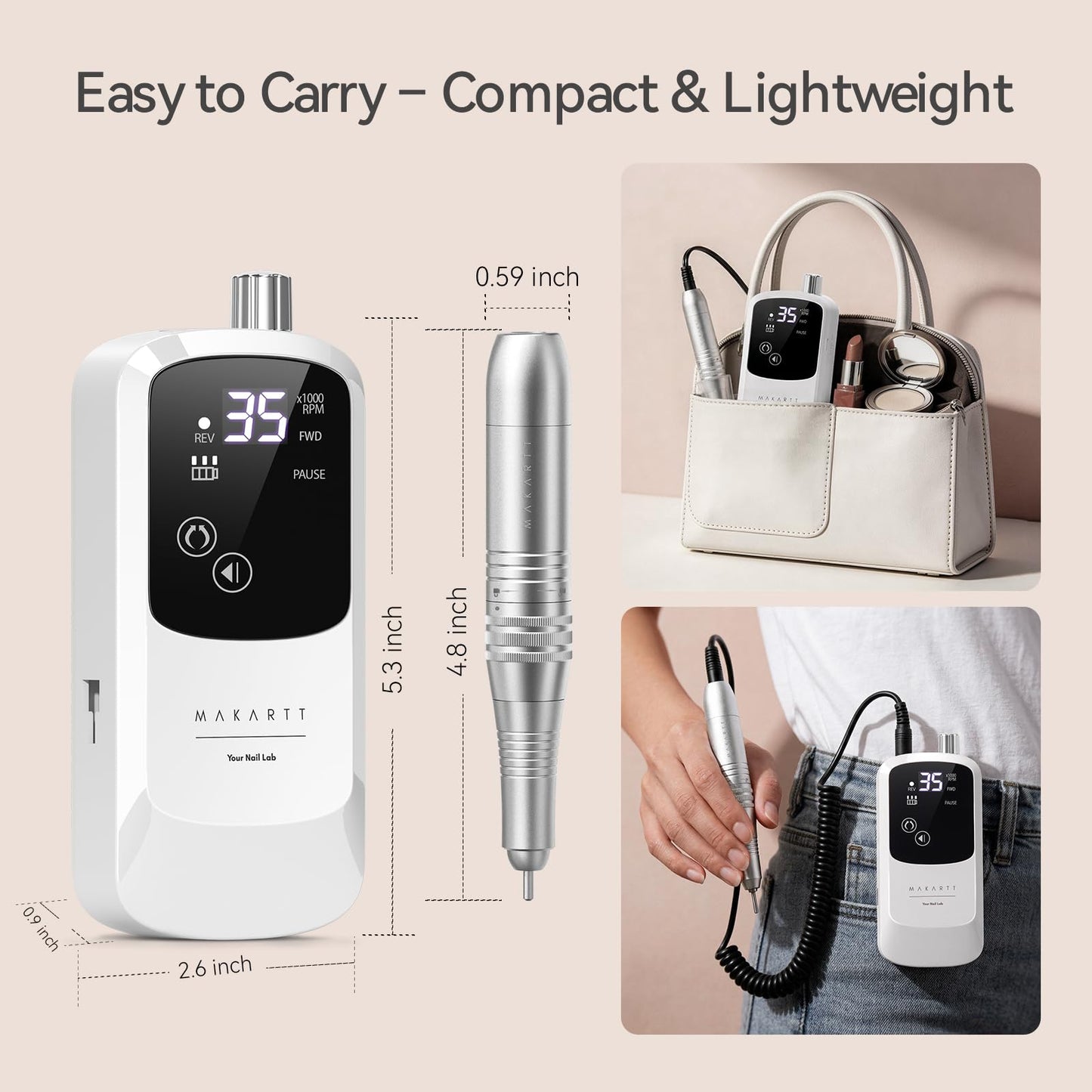 Makartt Rechargeable Electric Nail Drill: 35000 RPM Nail Drill File with Storage Stand for Acrylic Gel Polishing Removing LED Display,Cordless Efile with Bits Kit for Manicure Beginner Home (White)