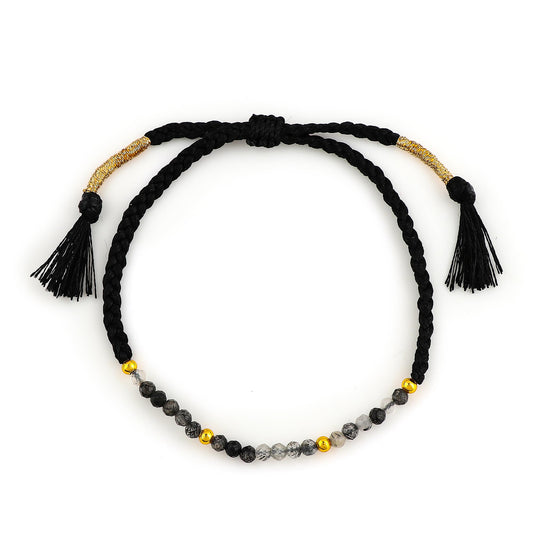 GEMSYMPHONY Black Rutilated Gemstone Beads Braided Bracelet – 3.5mm Natural Stone Beads, Handmade Adjustable Braided Rope Bracelet, Healing Crystal Jewelry for Men & Women, Unisex Boho Gift