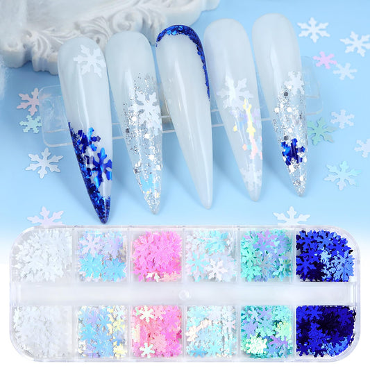 Christmas Smowflake Glitter Sequins 12 Grid Winter Mix Colors Snowflake Glitter Manicure Nail Accessories 3D Nails Supplies Jewelry Studs Nail Art Glitter Flakes,Nail Decoration for Women Featival