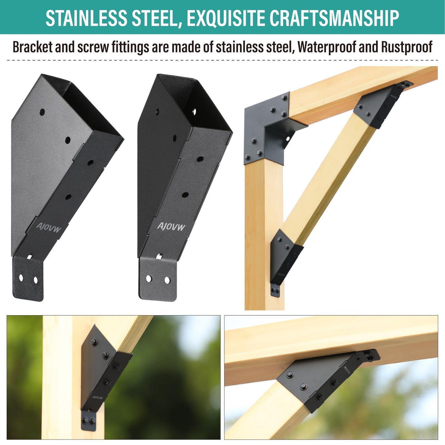 AJOVW-4 Piece 45 Degree Angle Bracket for 2'' x 4'' Supporting Wooden Post (Actual Size: 1.5'' x 3.5'') for Gazebo, Pergola, Garage, Treehouse, Deck, Stable, Shed and Other Scenes