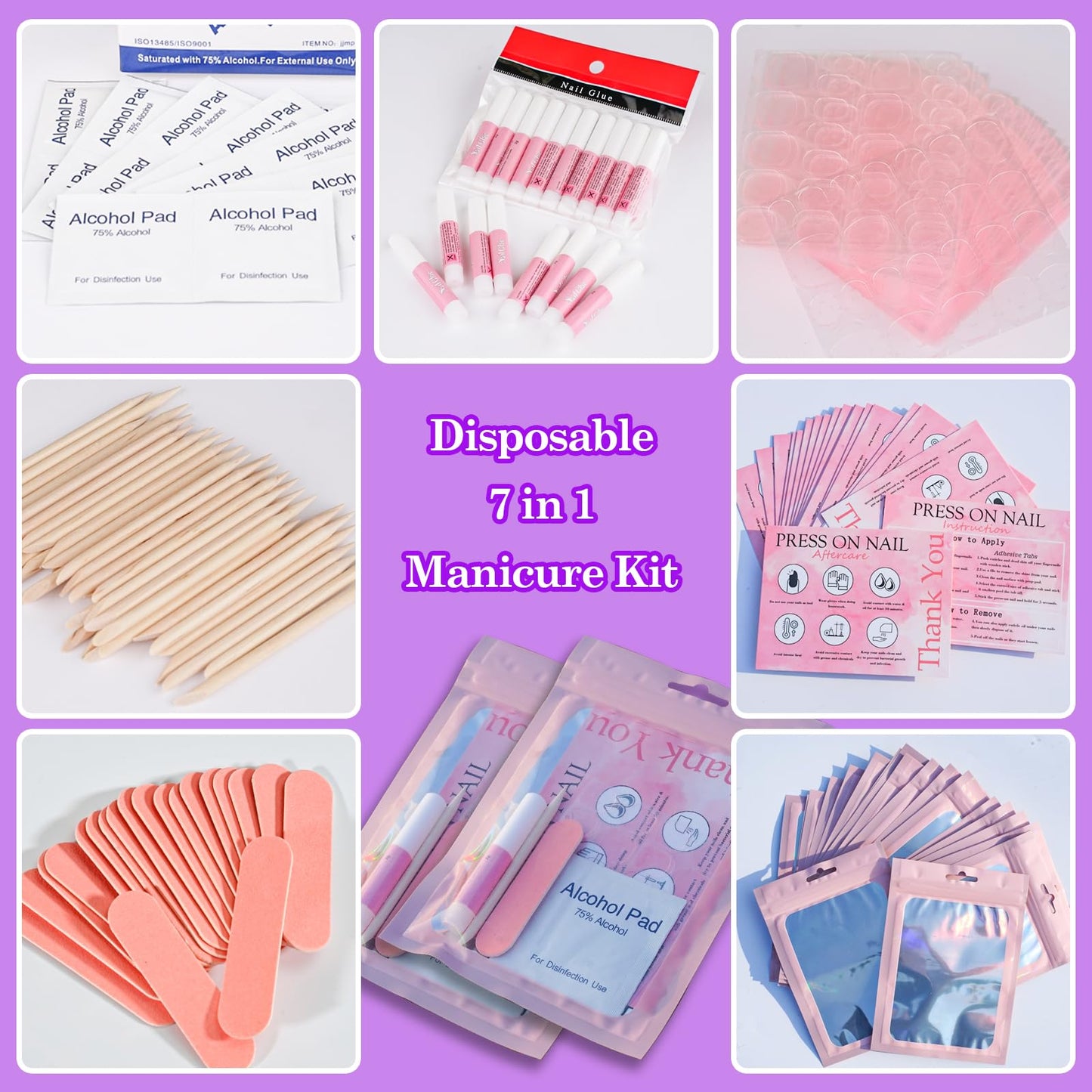 Disposable Nail Supplies Kits,Professional Manicure Press On Nail Tool Kit with Nail File,Adhesive Tabs,Nail Glue,Sticks, Prep Pads,Bags,Cards for Nail Business (350pcs50set-pink)