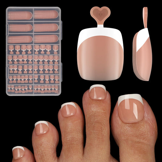 French Toe Nail Tips Press ons 288pcs, Pre-Designed 16 Sizes Soft Gel Full Cover Fake Toenails for Women Short Square, Pre-Applied Nude Base Coat & Tip Primer for DIY (Nude)