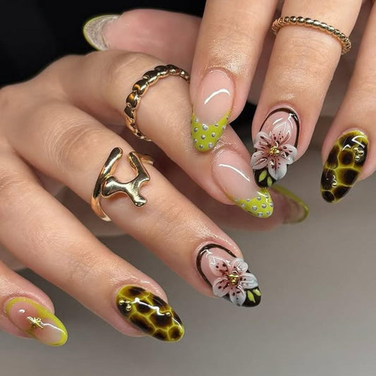 Almond Press on Nails Medium Fake Nails with Flowers Pearls Stars Dots Irregular Patterns Designs Green French Tip Glue on Nails Press ons Light Pink False Nails for Girls 24Pcs