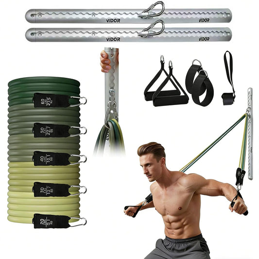 Resistance Band Wall Mount System - Heavy Duty Wall Anchor for Resistance Bands, Workout Wall Anchor with Aluminium Bracket for Home Gym Cable Machine & Fitness (2 Rails and Green Resistance Band)