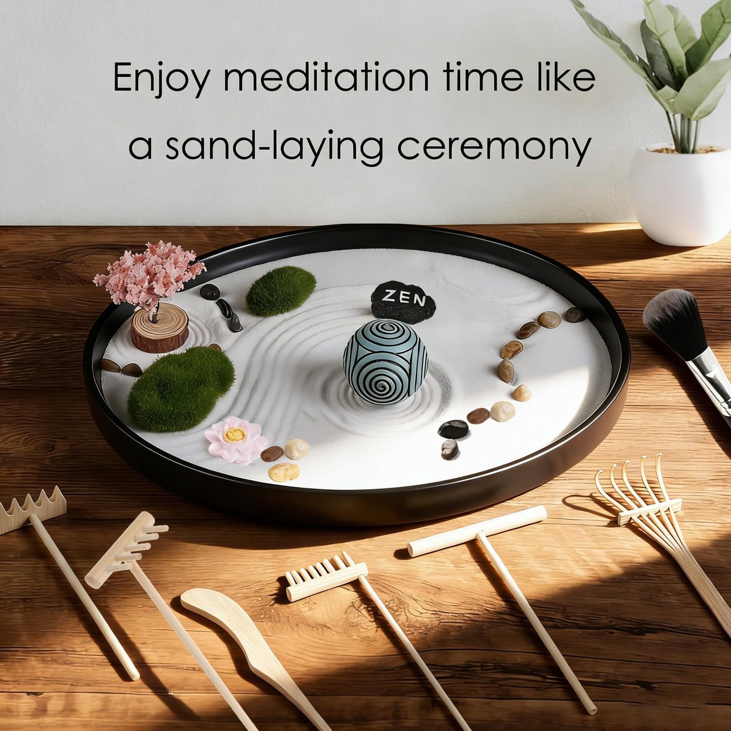 Zen Garden Kit for Desk, Japanese Decor with Rock Feature Stamp Spheres, Round Decorative Trays, Sensory Relaxation Sand Tray Therapy Ball Tool, Meditation Sandbox Gift Set for Home & Office