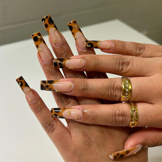 IMRAIN Brown Press on Nails Long Square Fake Nails Leopard Print French Tips False Nails with Golden Bead Designs Glossy Fall Full Cover Stick on Nails for Women Nail Art Manicure
