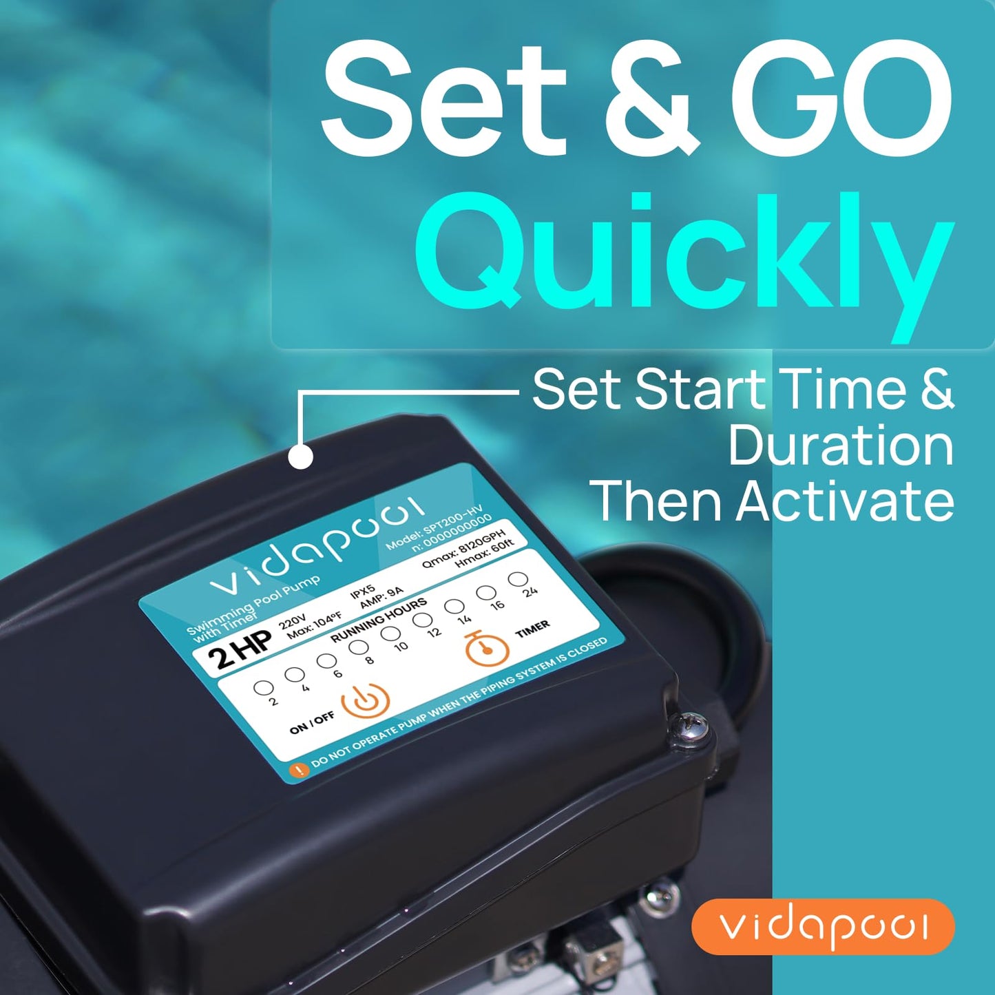 VIDAPOOL In/Above Ground Pool Pump, Self Primming High Flow (with Timer, 2HP, 8120 GPH, 220V)
