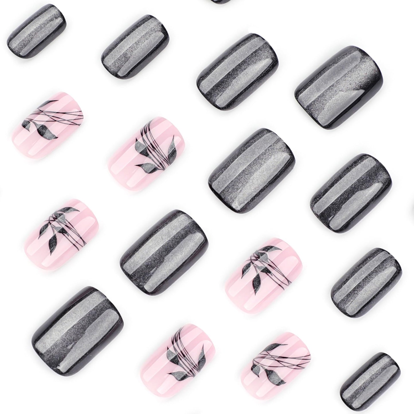 Medium Press on Nails Square - Black Fake Nails with Leaf Design - Glitter Glossy Full Cover Stick on False Nails - for Women Fall Manicure 24 Pcs
