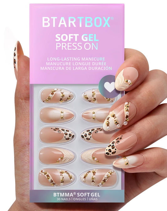 BTArtbox Press On Nails Almond - 3D Pearl Leopard Medium French Tip Press On Nails with Glue for Women, Opaque Soft Gel Glue On Nails in 16 Sizes - 32 Stick On Nails Kit, Cheeky Duo