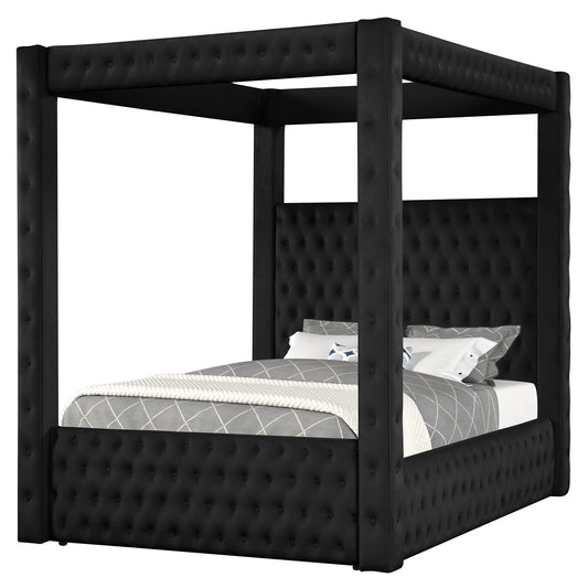Wirktive Velvet Canopy Bed Frame King - Upholstered Four Poster Bed Frame with Tufted Headboard and Footboard, Luxury Bed Frame with Wood Slats for Bedroom Furniture, Box Spring Required, Black