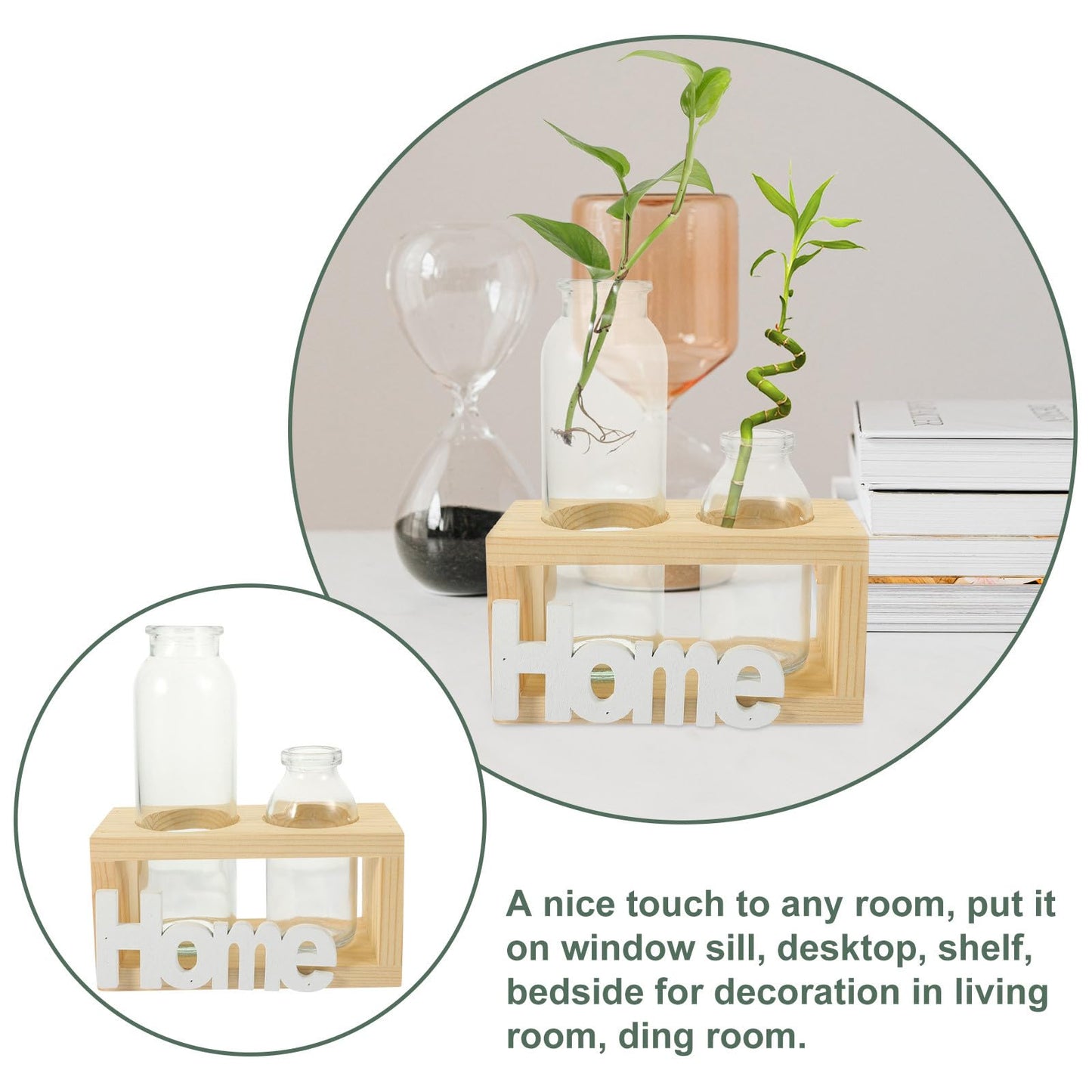 Ciieeo Glass Planter with Wooden Rack, Hydroponic Glass Vase for Plant Propagation, Decorative Flower Terrarium for Home and Office Desktop, 2pcs
