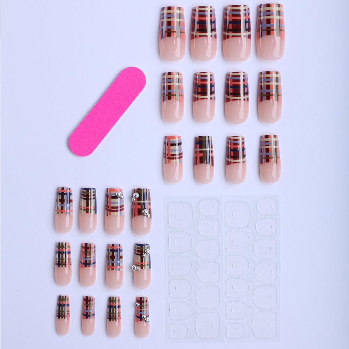octoswave Press on Nails Medium Square French Tip Plaid Design Fake Nails with Silver Beads Glossy Stick on Nails Manicure Kit for Women Parties and Weddings 24Pcs