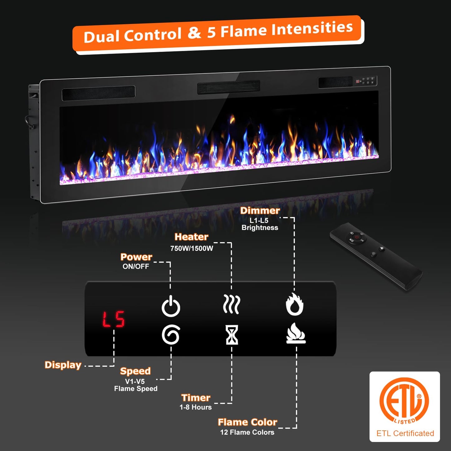 VENDORZ Electric Fireplace, 60" Recessed and Wall Mounted Electric Fireplace, Electric Fireplaces Inserts Heater, 750W/1500W Fire Places and Wall Electric Fireplaces with Remote Control