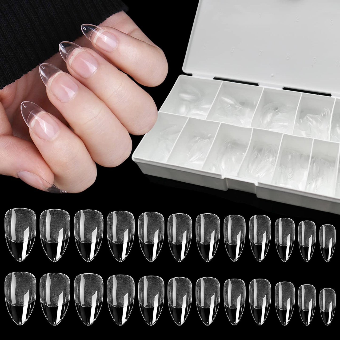LoveOurHome 600pc Short Almond Gel Nail Tips Full Cover Clear Fake Nails XS Stiletto Artificial False Fingernails for Women Gel Acrylic Nails Extension Press on Nails Making