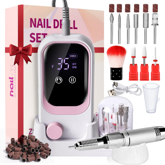 LIMEGIRL Electric File Nail Drill Professional 35000RPM Pink Nail File with Rechargeable Base & Bits Nail Drill Bit Nail Files and Buffers for Acrylic Nail Remove Nail Tech Must Haves for Salon Home