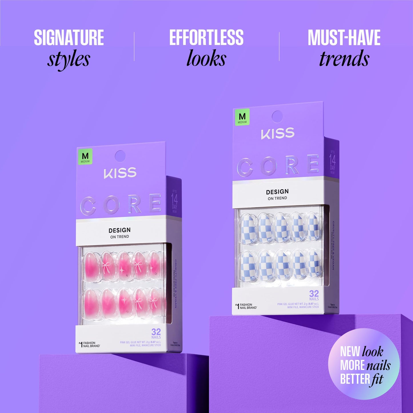 Kiss Core, Press On Nails, Nail glue included, 'Tune', Blue, Short Size, Almond Shape, Includes 32 Nails, 2g Glue, 1 Manicure Stick, 1 Mini File