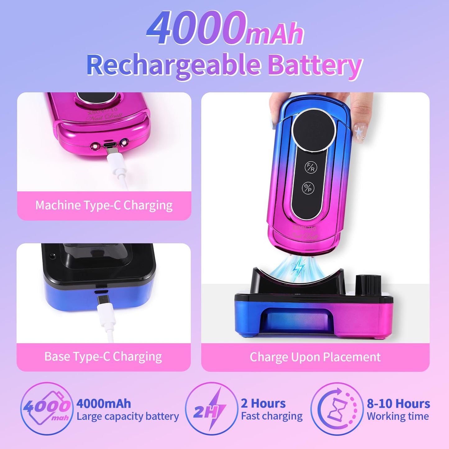 Electric Nail Drill Professional - 45000 RPM Cordless Nail Drill with Rechargeable Stand, Electric Nail File with Nail Lamp, Portable Nail Drills for Acrylic Gel Polishing Removing, Home & Salon Use