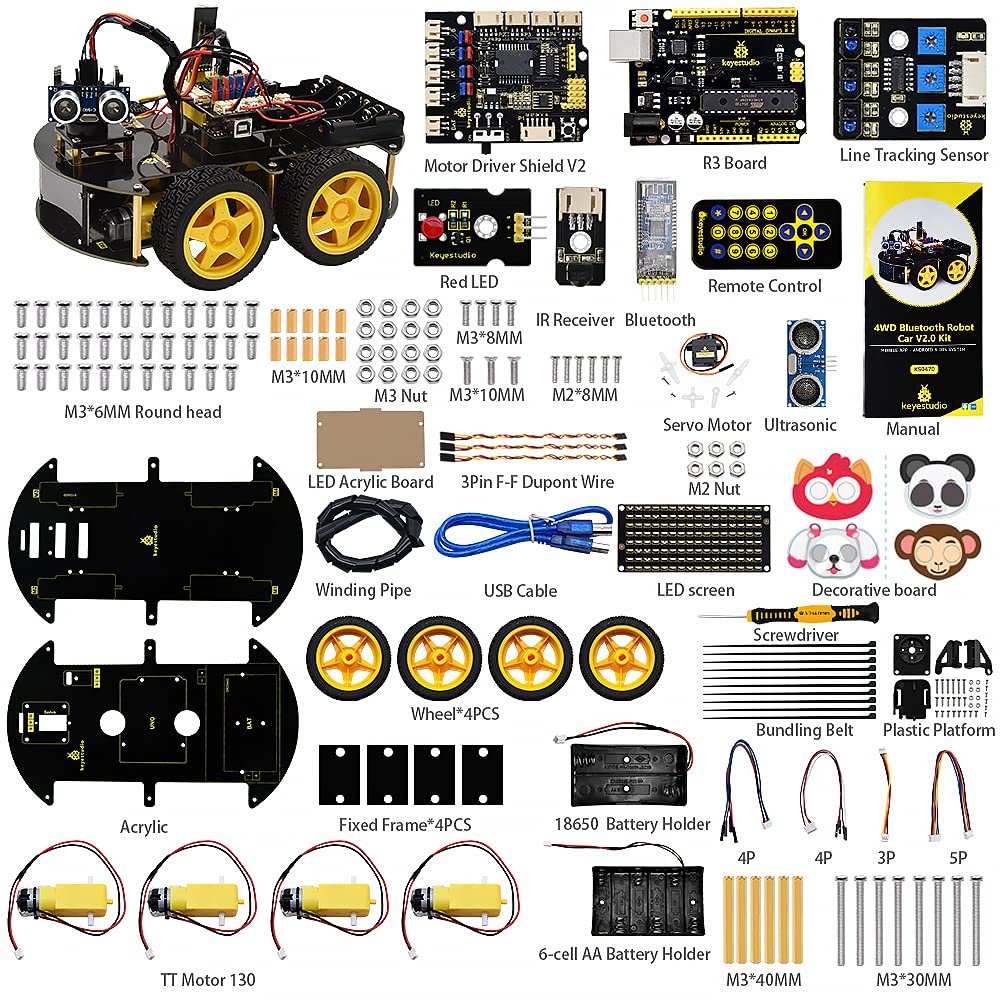KEYESTUDIO Smart Car Robot,4WD Programmable DIY Starter Kit for Arduino for Uno R3,Electronics Programming Project/STEM Educational/Science Coding Kit for Teens Adults,15+