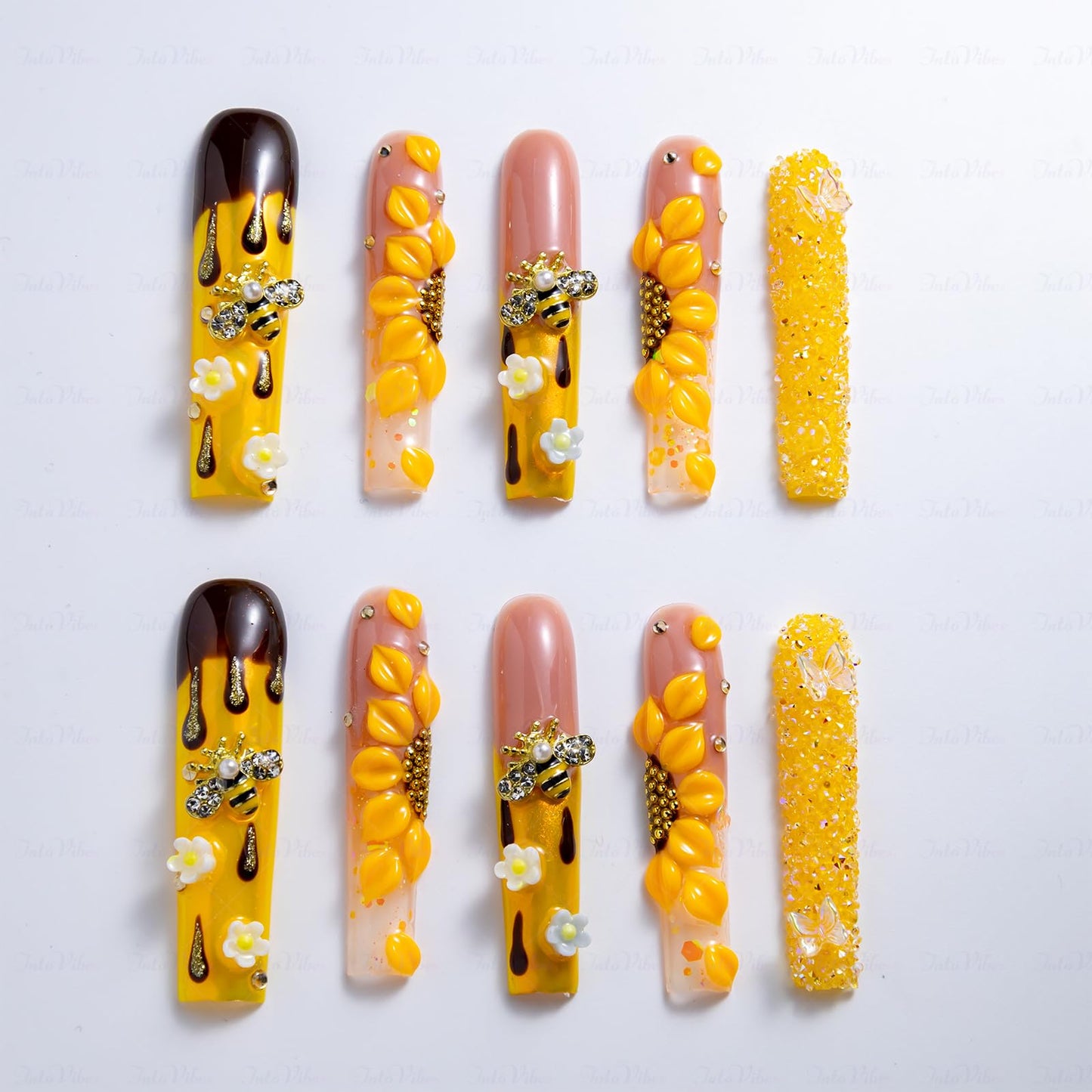 IntoVibes 10 Pieces Handmade Luxury Long Press On Nails With Square Design, Sunflower And Bee Accessories, Yellow Thickened False Nails, Reusable Fake Nails, Acrylic Nails (M)