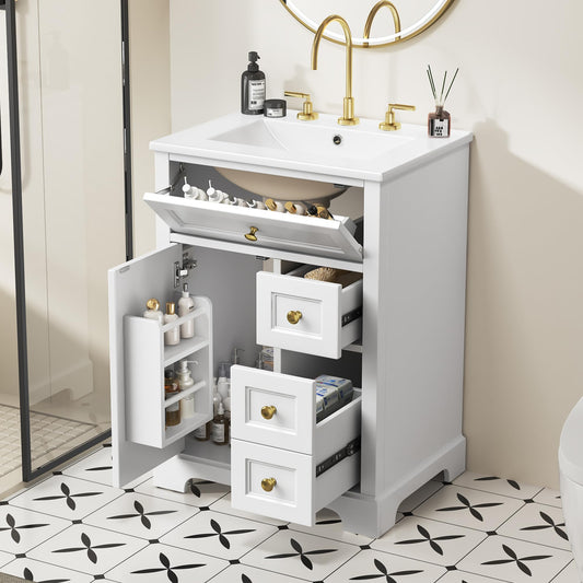 Bathroom Vanity with Sink 24 Inch, Tip-Out Drawer and Door Rack, Adjustable Shelf, Soft-Closing Drawers and Door, White