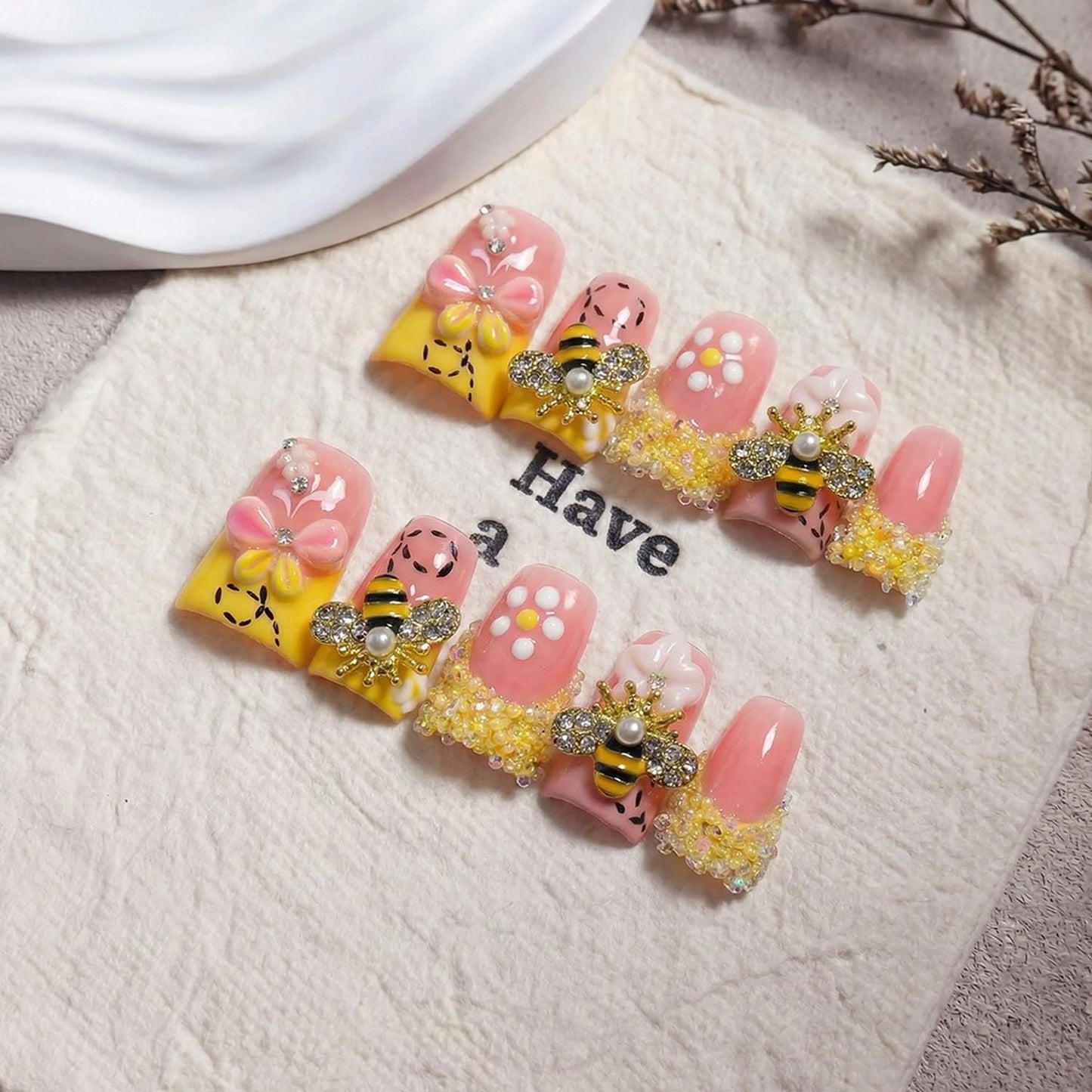 10 Pcs Duck Press on Nails Duck Handmade Acrylic Nail 3D Luxury Handmade Butterfly Bee Designs Rhinestone French Tip Fake Nails Flower Acrylic Stick on Nails Full Cover Thick False Nail for Women（M）