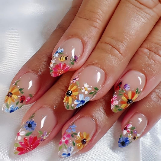 24pcs Flower Press on Nail Almond Shape Fake Nails with Colorful deisgns Stick on Nail Full Cover Nude Pink Press ones French Tip False Nails for Women Summer Glue on Nails