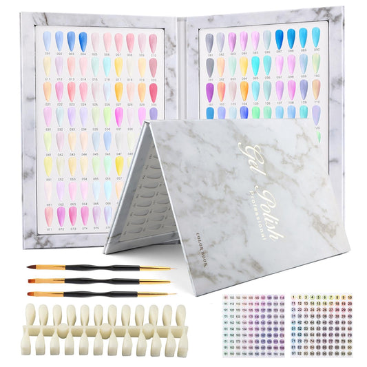 160 Nail Color Book, Professional Nail Color Display Book with 240 N-ail Tips & 1-200 Number Stickers Labels 3 Dual-Ended Nai-l Art Pen, Nai-l Salon Display Booklet(COLOR:White)