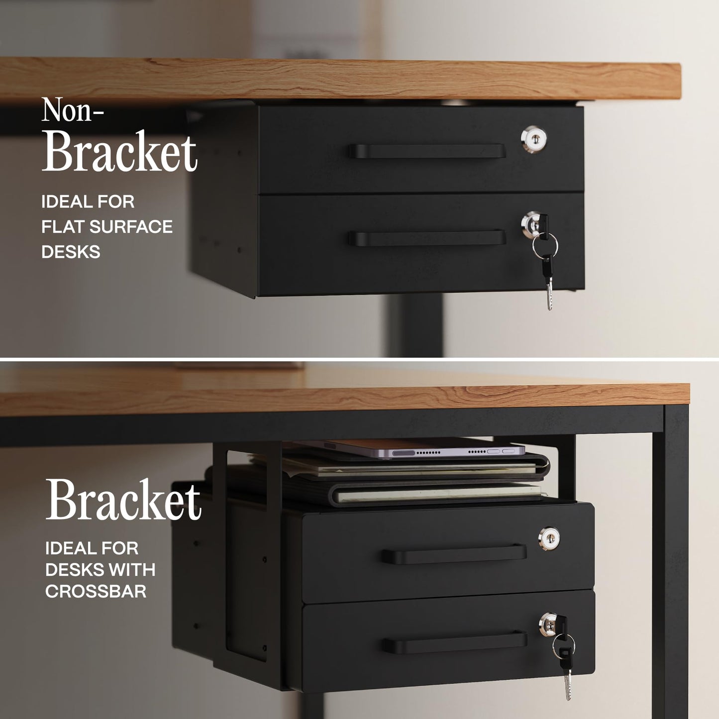 Under Desk Drawer Slide-Out – Lockable Metal Storage Drawers with Cable Management for Office & Home (Double, Bracketed)