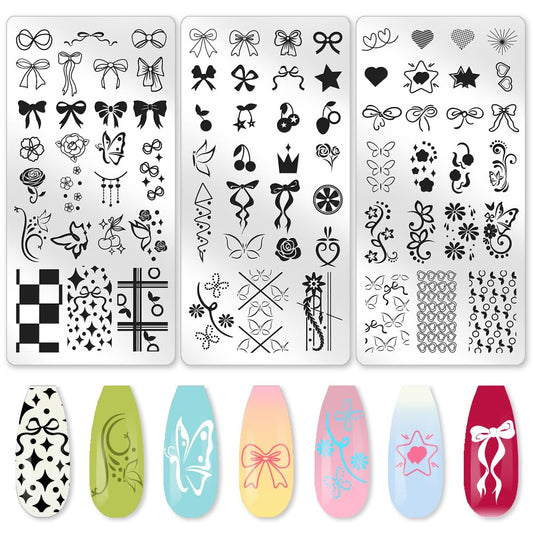 beinkmake 3Pcs Bow Nail Stamping Plate Set Butterfly Flower Cherry Nail Stamp Templates French Line Tip Stainless Steel DIY Reusable Tools with Stamper Scraper for Manicure Printing