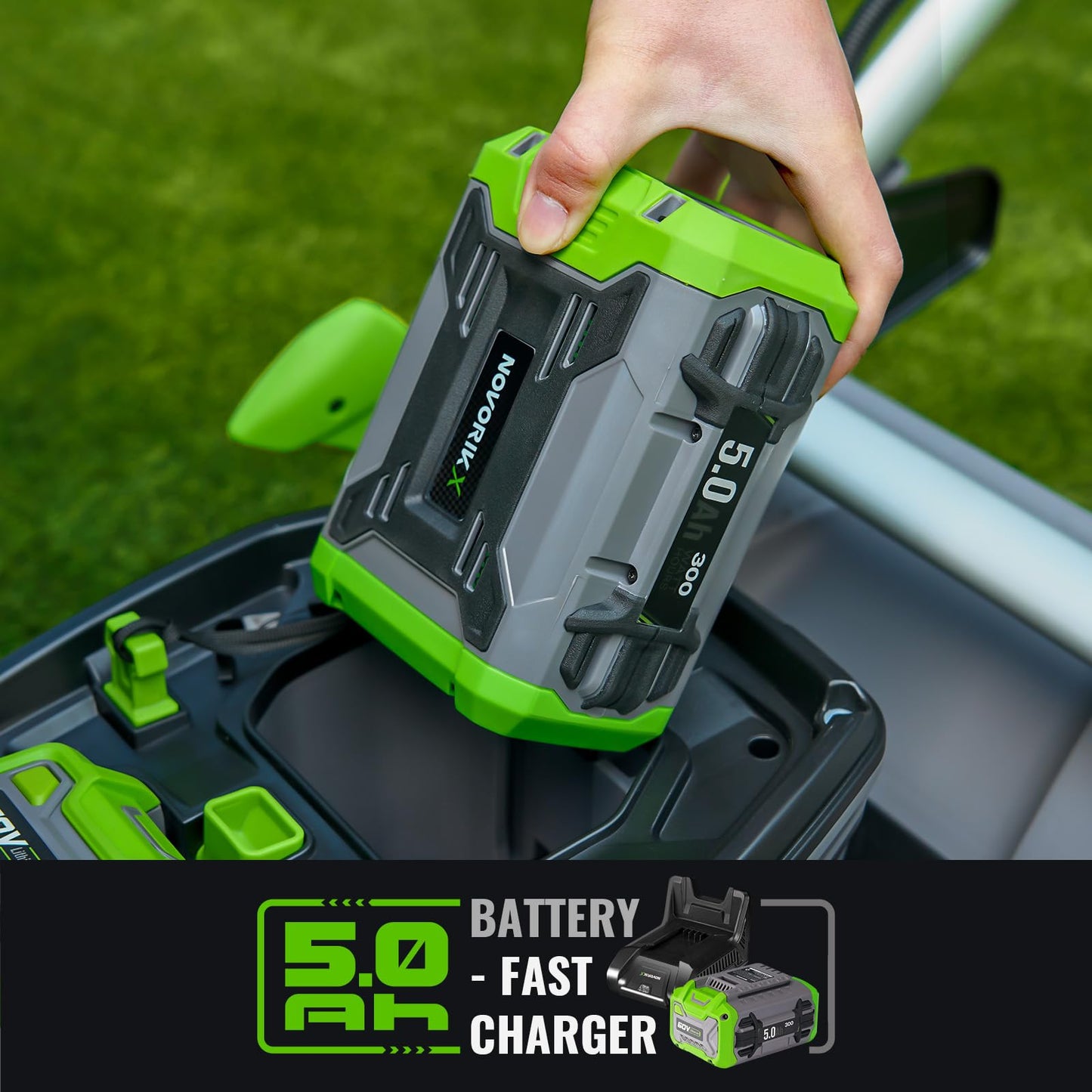NovorikX 60V Self-Propelled Lawn Mower 21-Inch, Brushless Cordless Mower for Large Yards, Electric with LED Headlight, 5.0Ah Battery & Rapid Charger