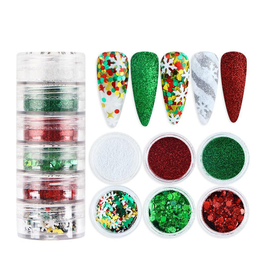 LPOODDNU Winter Nail Art Decorations: Flakes 3D White Snowflake Nail Decals, Green Red Designs, Holographic Christmas Glitters