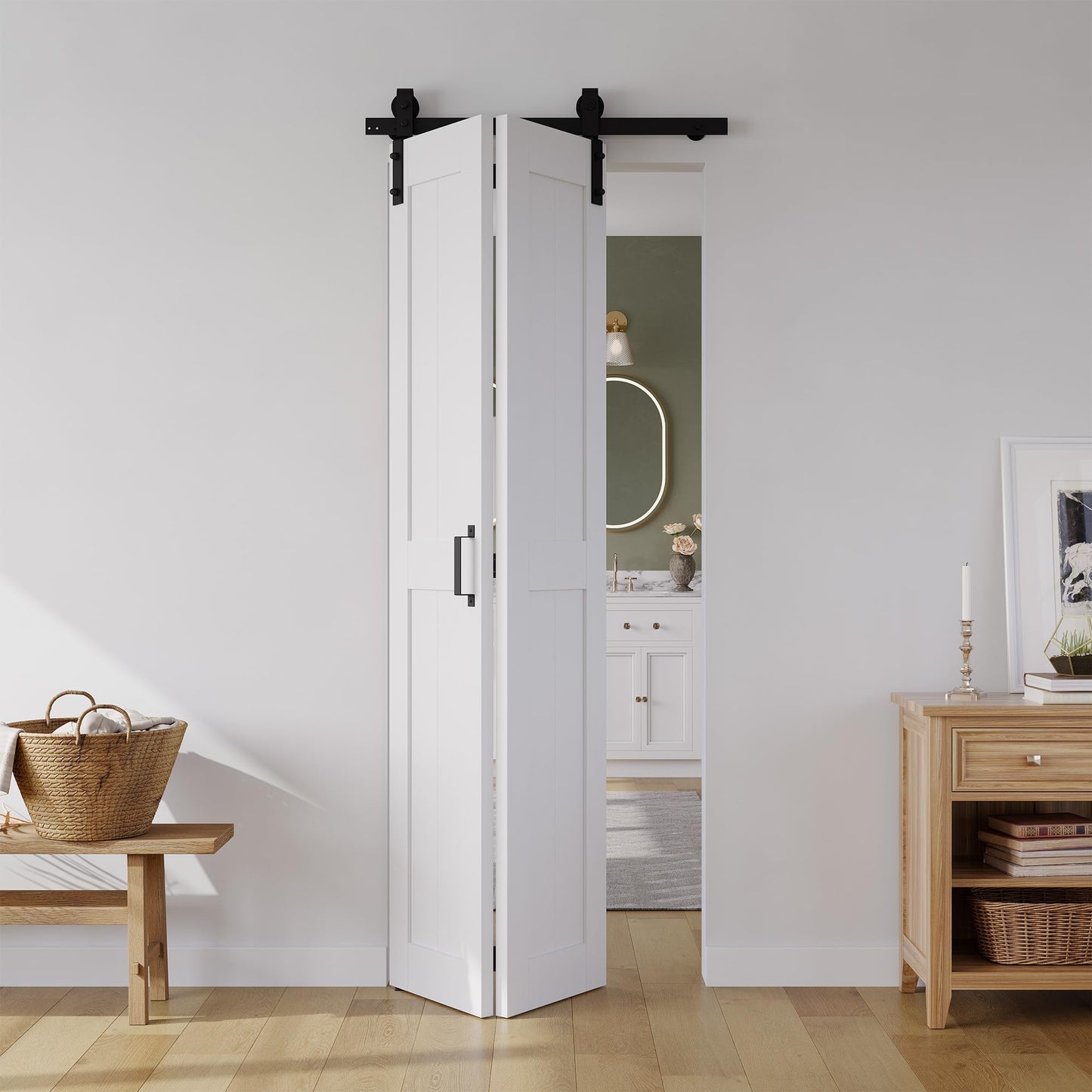 Bifold Barn Door 30" x 84", MDF Bi-Fold Sliding Closet Doors with Hardware Kit Included, Pre-Finished Easy Assembly, Water-Proof PVC Surface & Save Space, H-Frame, 34" Track for 2 Doors,White