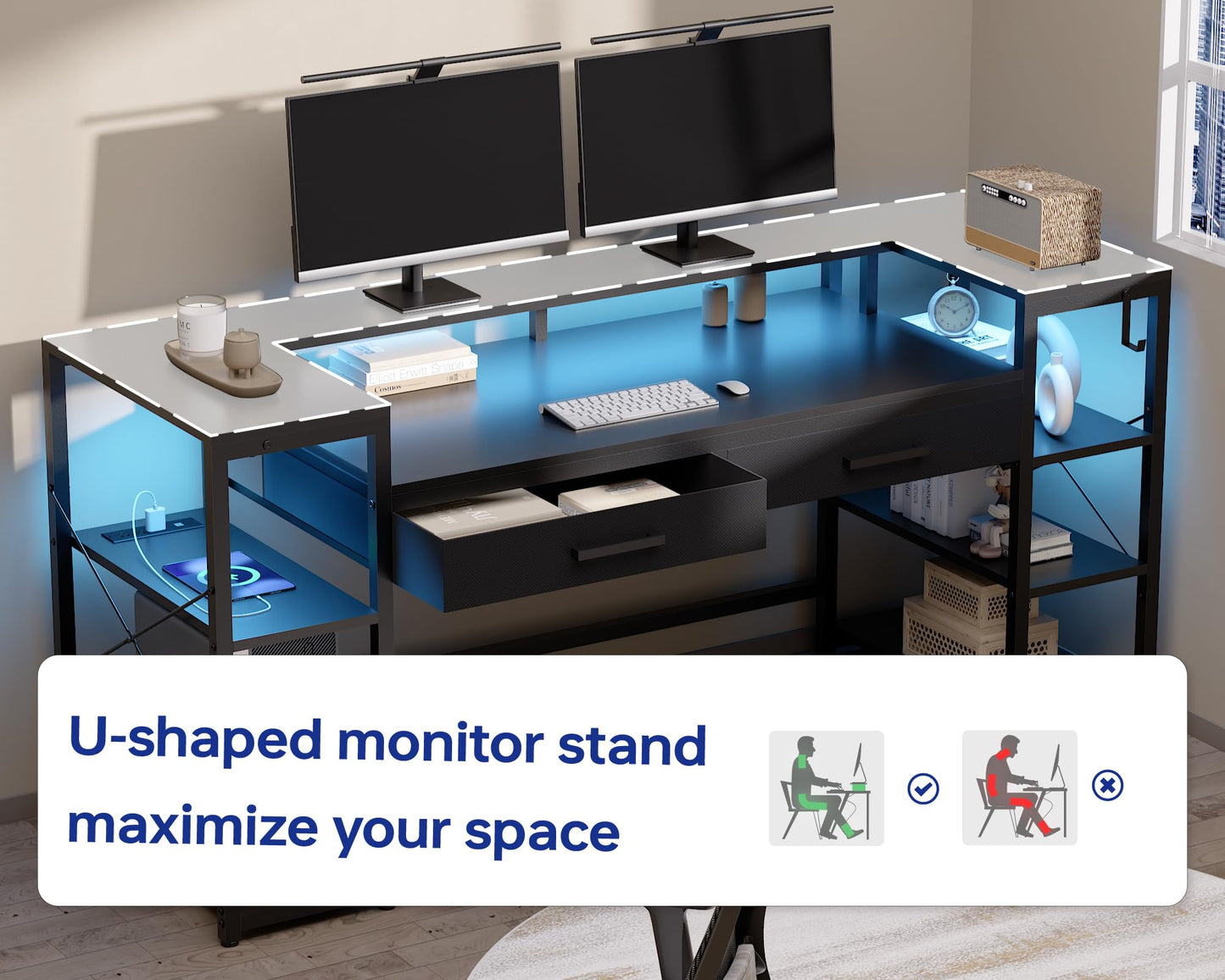 Pamray 58 Inch Computer Desk with Monitor Stand and Shelves Gaming Desk with LED Lights & Power Outlets PC Vanity Table with 2 Drawers for Home Office Black