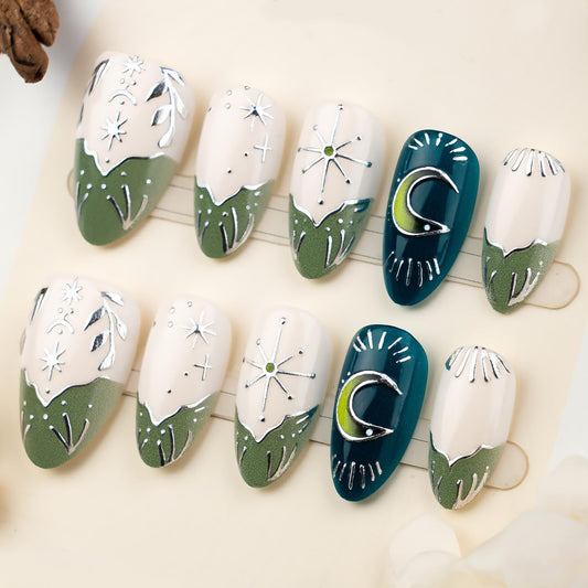 30Pcs Star Press on Nails Medium Almond Fake Nails Green French Tip False Nails with Gilding Moon Design Glossy Full Cover Artificial Glue on Nails Cute Stick on Nails for Women Acrylic Manicure Salon