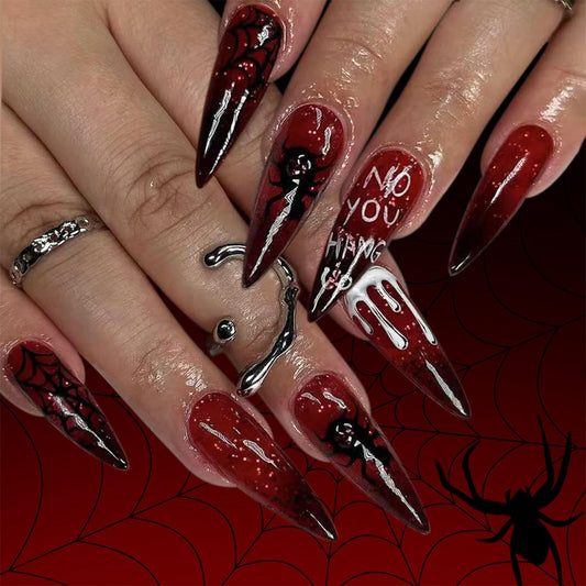 24 Pcs Halloween Press on Nails Long Almond Fake Nails with Blood Drop Designs Spider Web Glue on Nail Scary Spider Acrylic Nail Black Red Gradient False Nail Full Cover Stick on Nails for Women