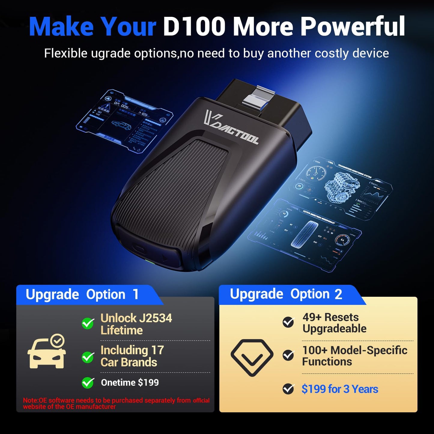 OBD2 Scanner Bluetooth Vdiagtool D100, Bidirectional Scan Tool Wireless - Full System Diagnostic With 17 Resets, Lifetime Updates Crank Sensor Throttle EPB Relearn Car Code Reader for iPhone & Android