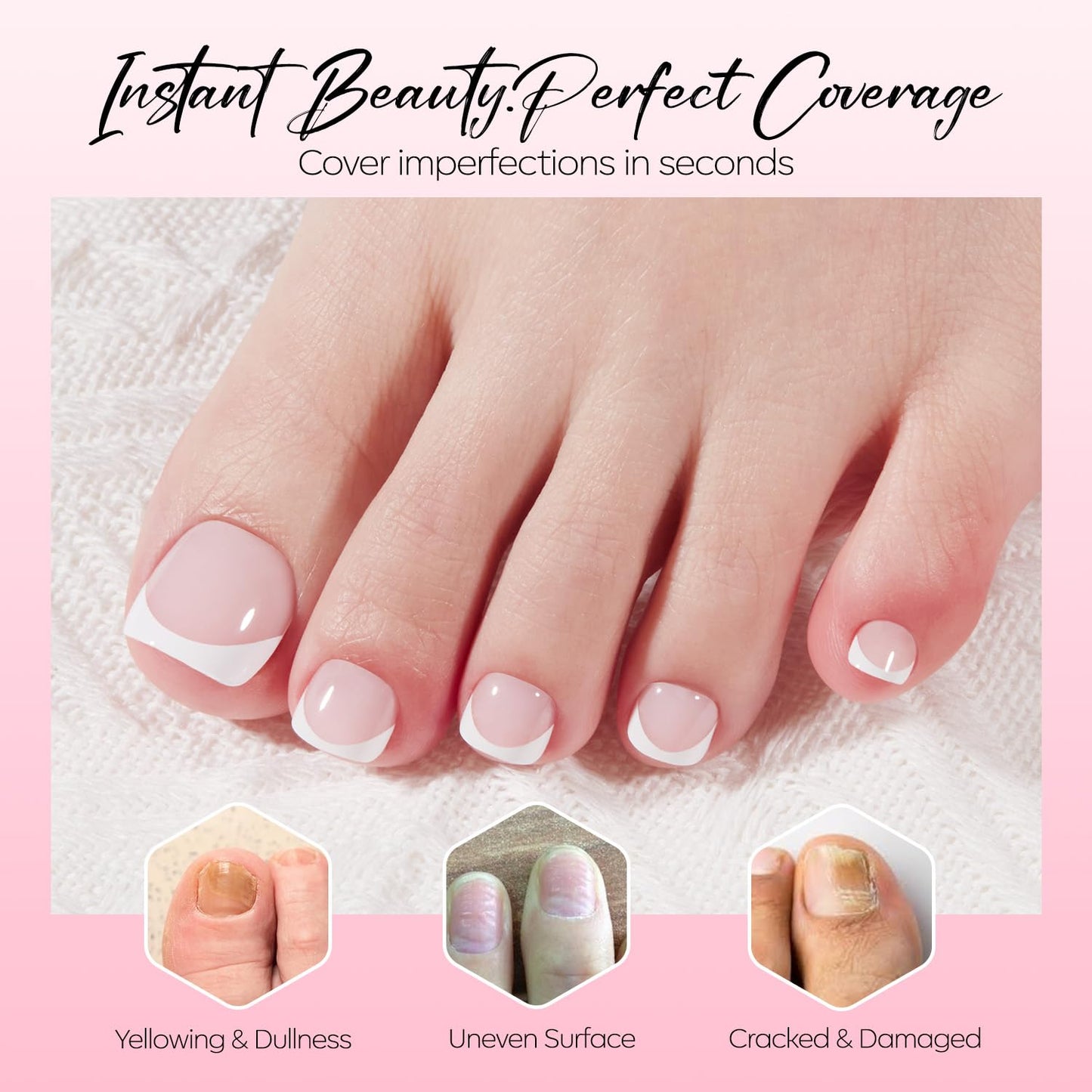Modelones Press on Toenails Short, Pink French Tip Toe Nails Square, Reusable Nail Kit with Nail Glue Adhesive Tabs Mini Nail File, Toe Nails 36Pcs 18Sizes, Summer Spring Women Girl Gift