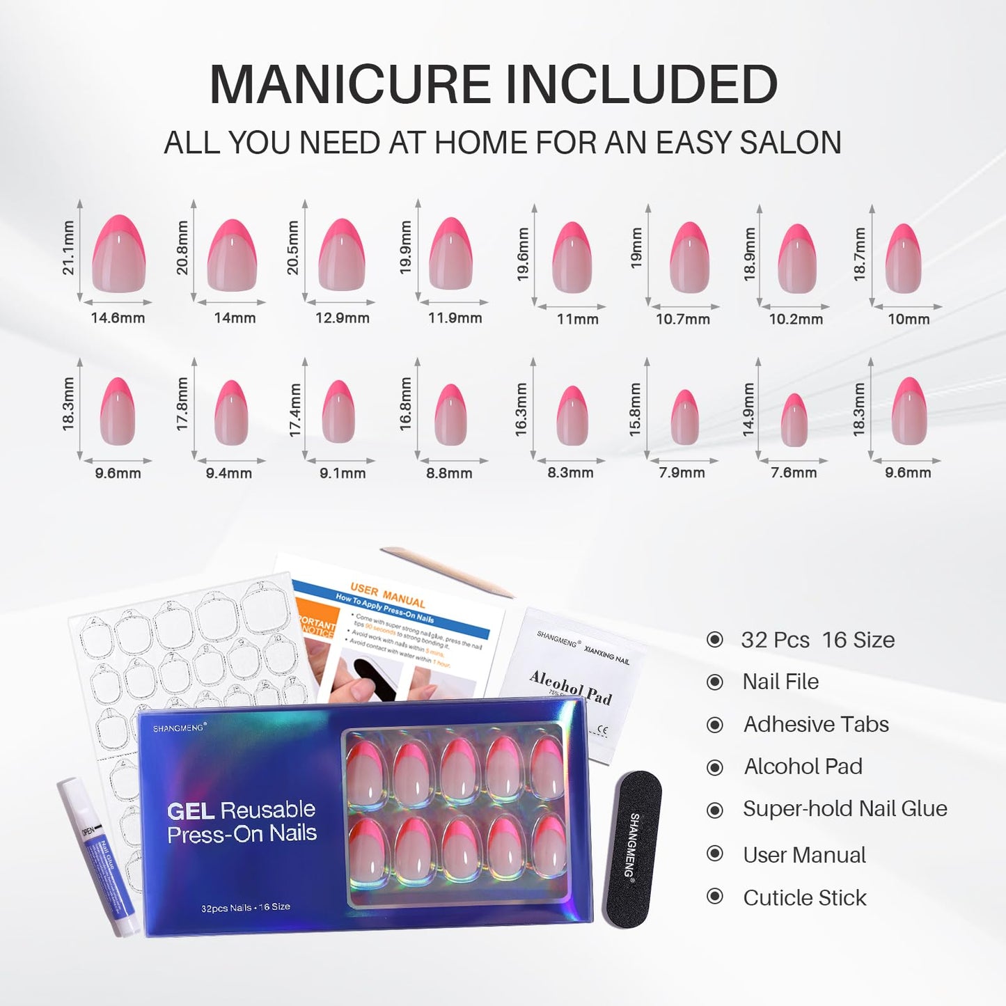 Pink French Tip Press on Nails Almond - SHANGMENG Soft Gel Valentines Press on Nails Short for Women Gift, Naturally Fit Glue on Nails in 16 Sizes - 32 Reusable Fake Nails Kit with Glue, Dolce Pink