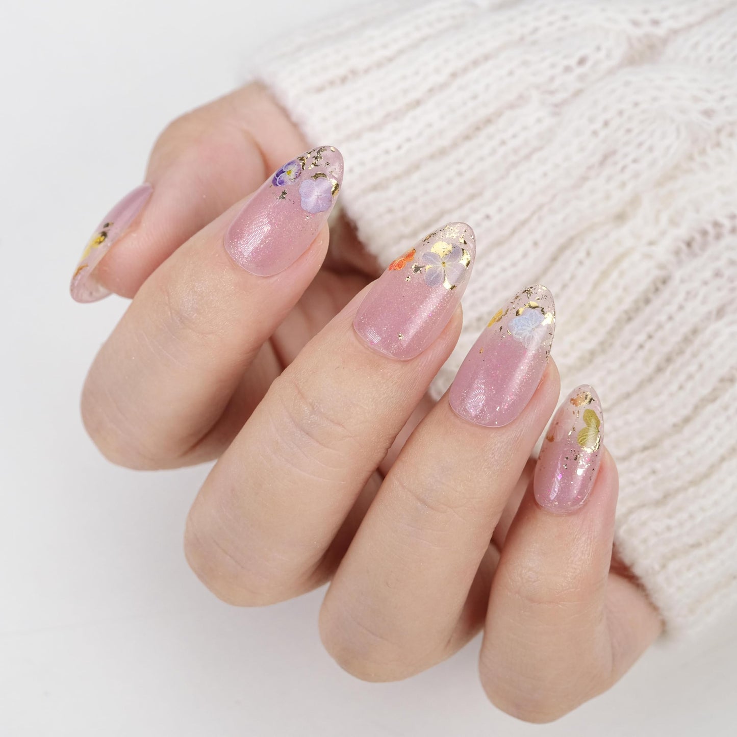 Nailique Press On Nails Short Almond – Handmade Lavender Floral Soft Gel with Gold Foil, 26pcs Reusable Nail Tips with Lamp-Curable Glue, Salon Quality Spring Wedding Manicure for Women
