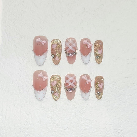TENPAL Reusable Almond Press on Nails Medium,Pink Cat Eye Glitter Fake Nails with Polka French Tips,Hand-Painted Hearts & 3D Bow Rhinestones False Nails,Princess K-Beauty Nails Full Manicure Kit(XS)