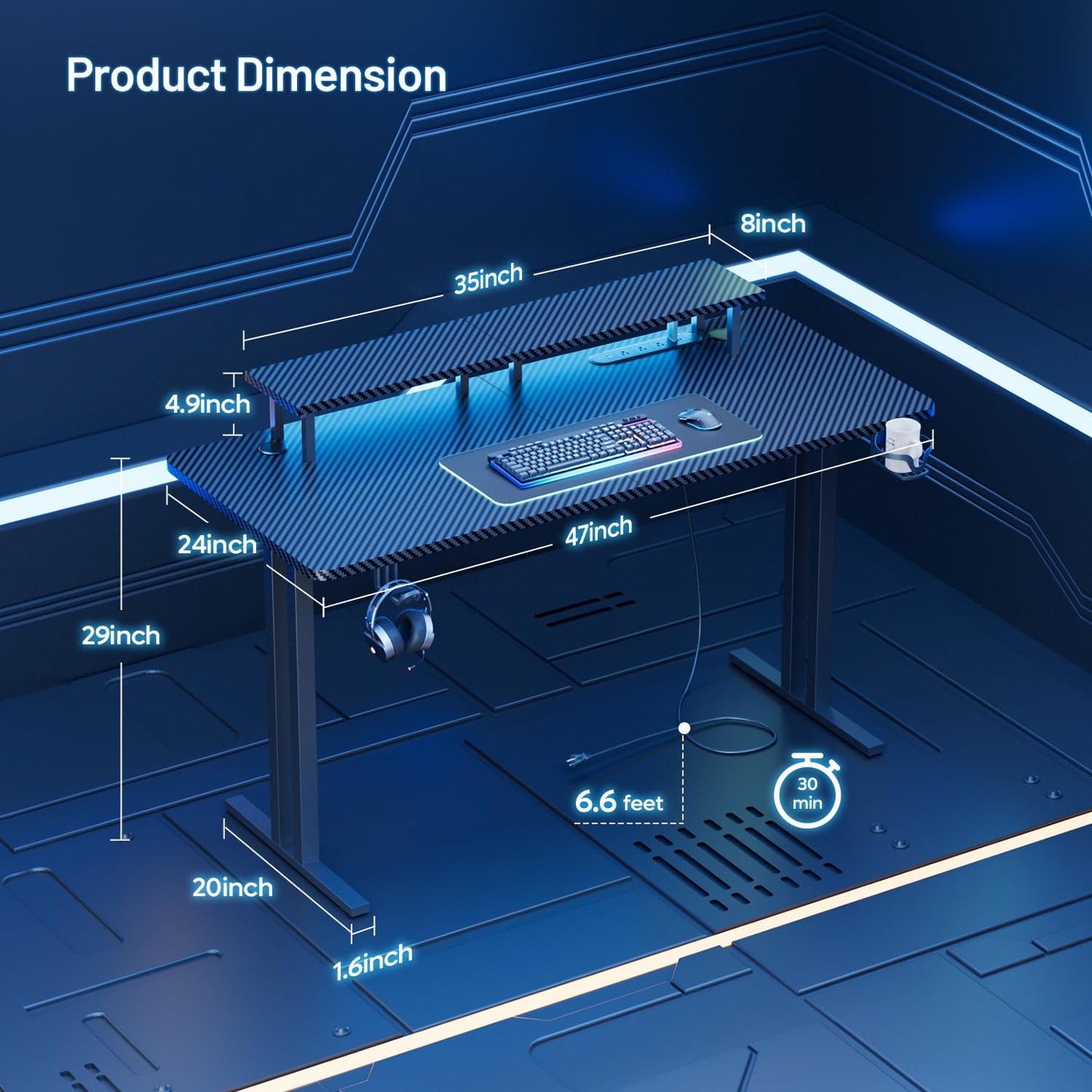 HLDIRECT 47 Inch Gaming Desk with 5 Sockets & LED Lights, Computer Gamer Desk with Monitor Stand, Ergonomic Carbon Fiber Gaming Table Home Office Desk with Cup Holder, Headphone Hook & Mouse Pad