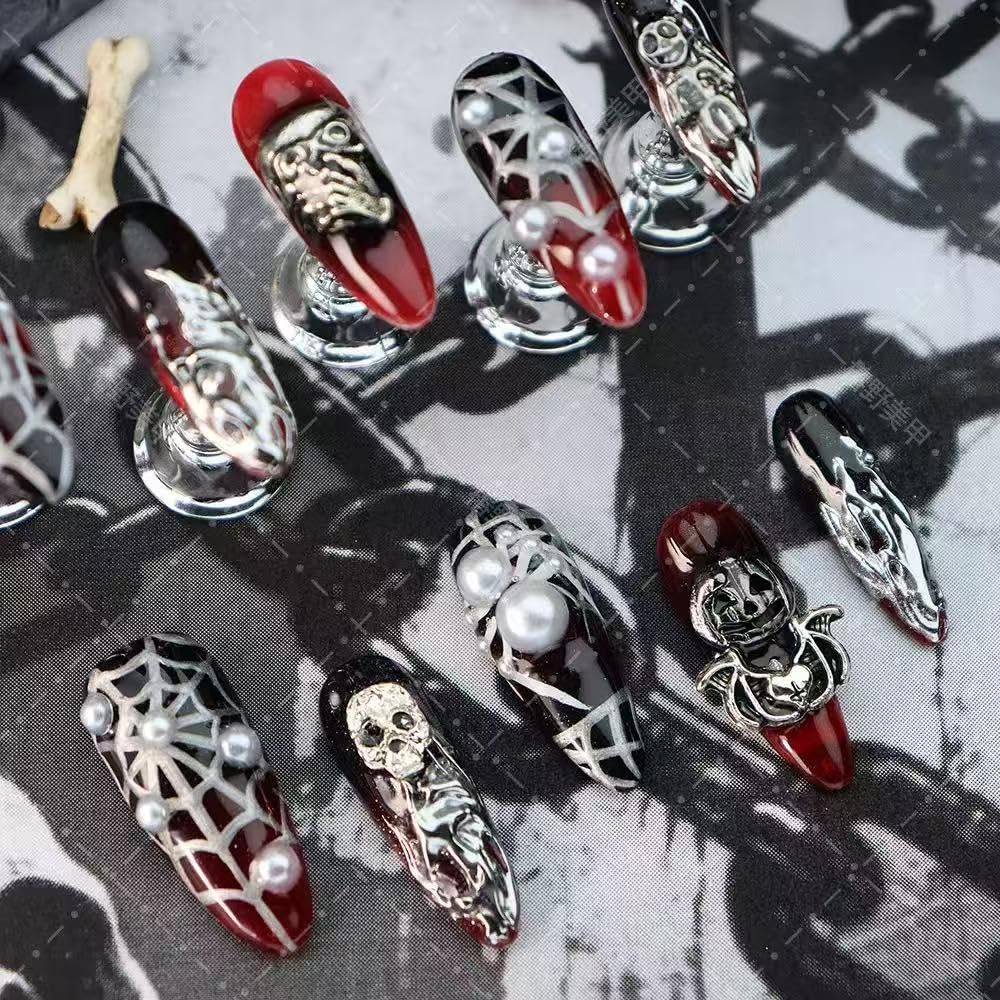 100% Handmade Press on Nails Halloween Fake Nails with Spider Web Skeleton Pumpkin Design Medium Almond Ombre Red Black False Nail Press ons Reusable Handmade Nails for Women Manicure Size L