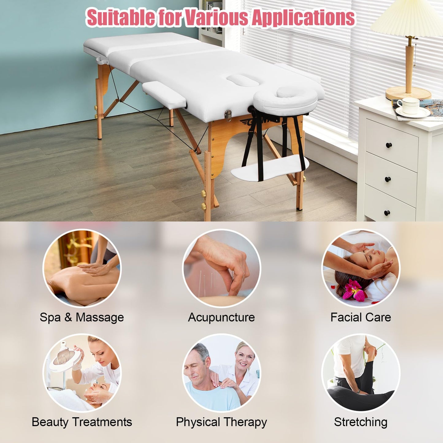Giantex 84inch Folding Massage Table Lash Bed, Portable 3 Sections Spa Salon Tattoo Bed with Face Cradle Armrests Wooden Legs, Professional Massage Bed Height Adjustable with Carry Case (White)