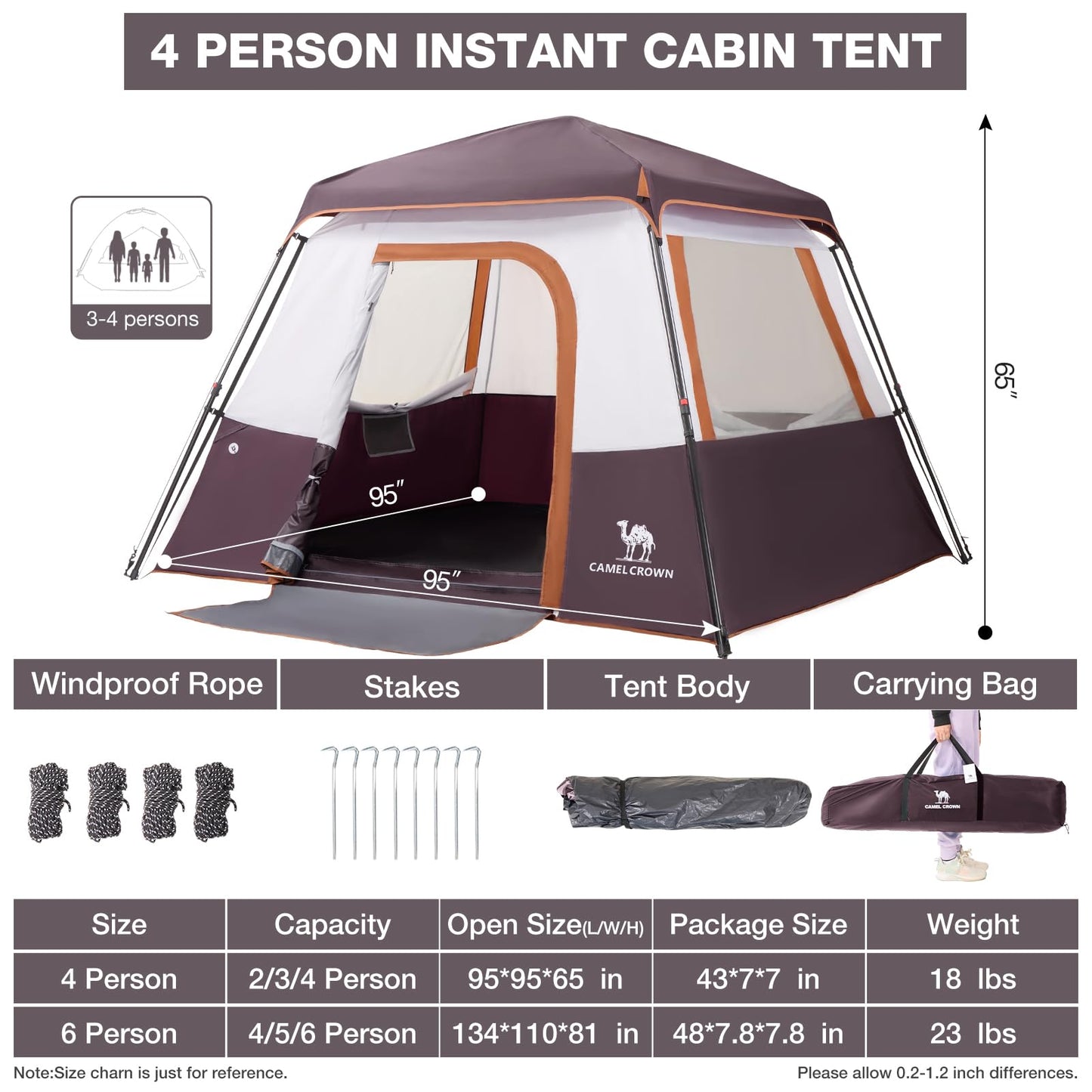 Camping Tents 4/6 Person Pop Up Instant Tent - Setup in 60s for Family Camping, Windproof Design, Family Cabin Tent with Rainfly & Backpack Carry Bag