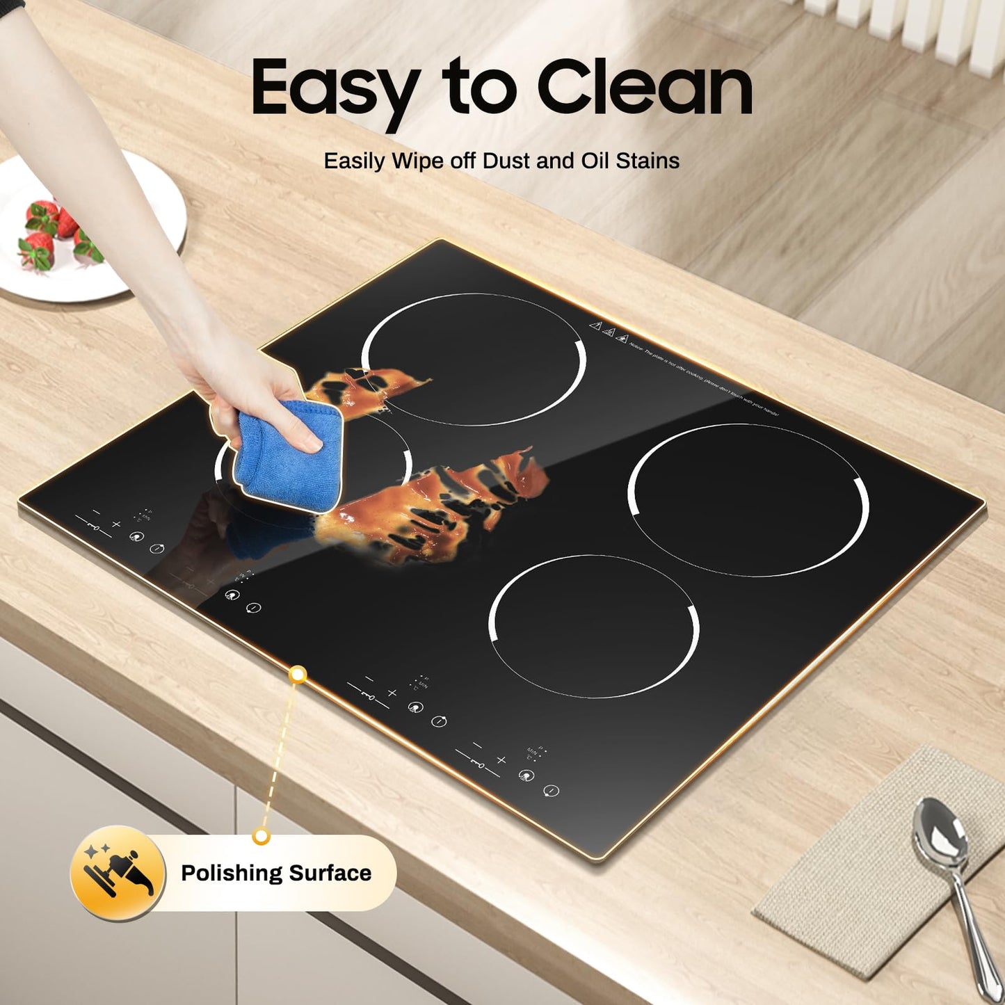 3000W 110V Cooktop Portable 4 Burners Electric Built-in Cooktop Sensor Touch Control Countertop Electric Hot Plate with Kid Safety Lock and 2H Timer, 9 Heating Level, no plug