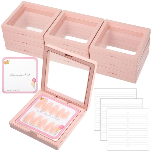 30 Sets Nail Packaging for Press Ons, Clear Acrylic Nail Kit Display Boxes with Cards and Tape, Nail Boxes for Press Ons Storage Organizer, Turban for Men Not Included (Pink)