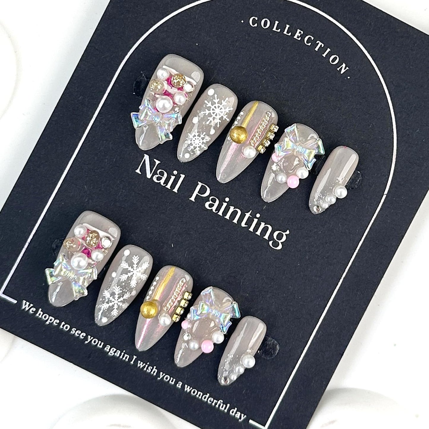 Christmas Handmade Press on Nails Short Almond Fake Nails Xmas Muti-Layer Gel False Nails with Snowflake Pearls 3D Bow Designs Thick Acrylic Full Cover Stick on Nail for Women 10 Pcs (Size S)